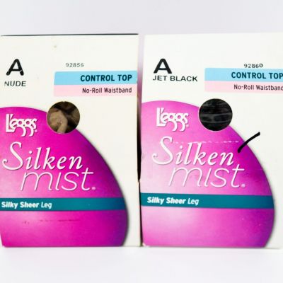 2 L'eggs Silken Mist Control Top Sheer No-Roll Waist Tights NUDE/JET BLACK Sz A